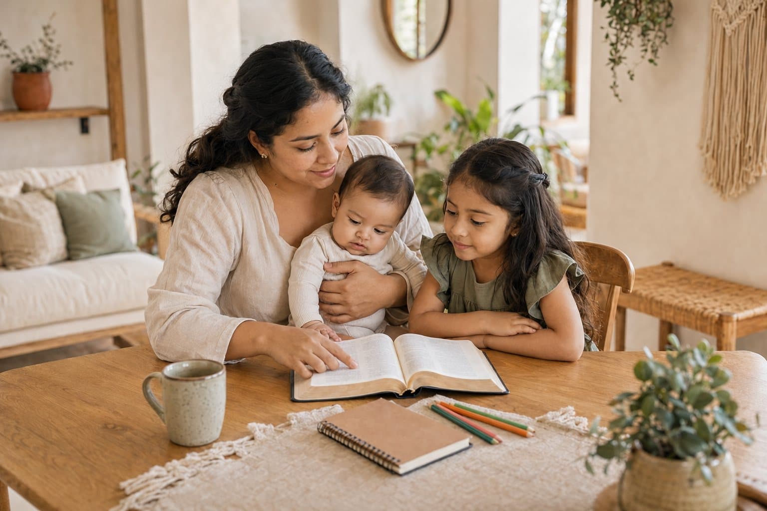 Familia leyendo la Biblia en casa
